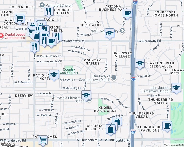 map of restaurants, bars, coffee shops, grocery stores, and more near 3022 West Country Gables Drive in Phoenix