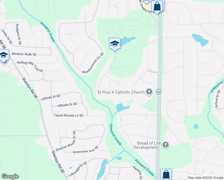map of restaurants, bars, coffee shops, grocery stores, and more near 2633 Downing Park Southeast in Conyers