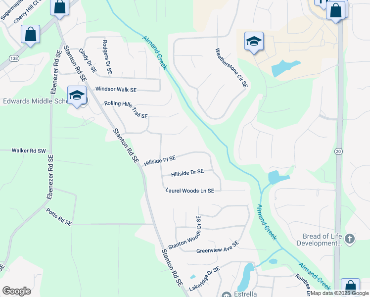 map of restaurants, bars, coffee shops, grocery stores, and more near 1420 Hillside Place Southeast in Conyers