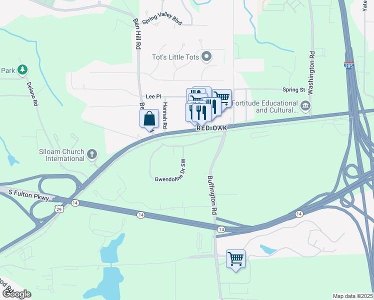 map of restaurants, bars, coffee shops, grocery stores, and more near 3460 Old Fairburn Road in Atlanta