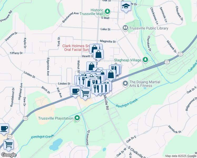 map of restaurants, bars, coffee shops, grocery stores, and more near 115 North Chalkville Road in Trussville