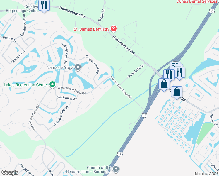 map of restaurants, bars, coffee shops, grocery stores, and more near 112 Santee River Road in Myrtle Beach