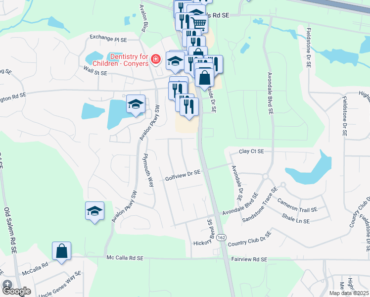 map of restaurants, bars, coffee shops, grocery stores, and more near 2589 Golfview Terrace Southeast in Conyers