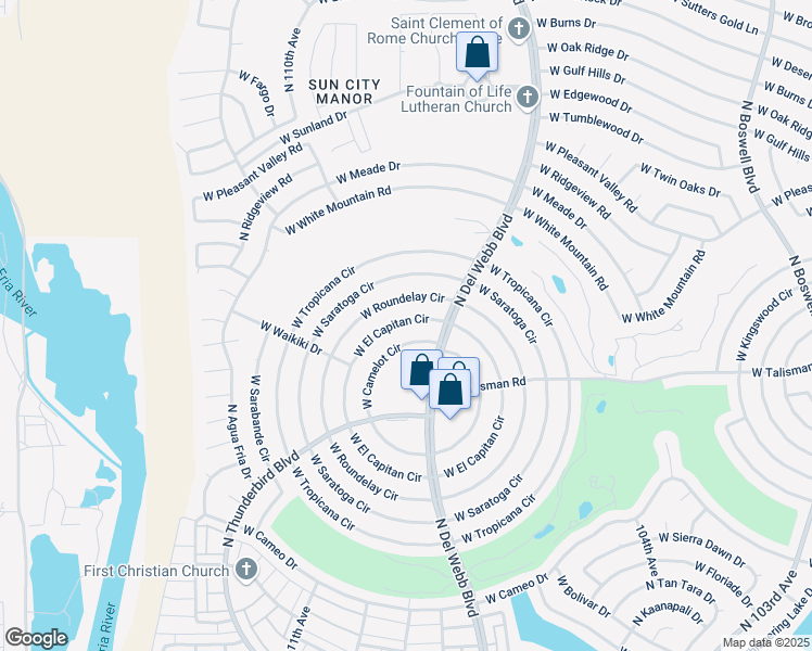 map of restaurants, bars, coffee shops, grocery stores, and more near 10715 West El Capitan Circle in Sun City