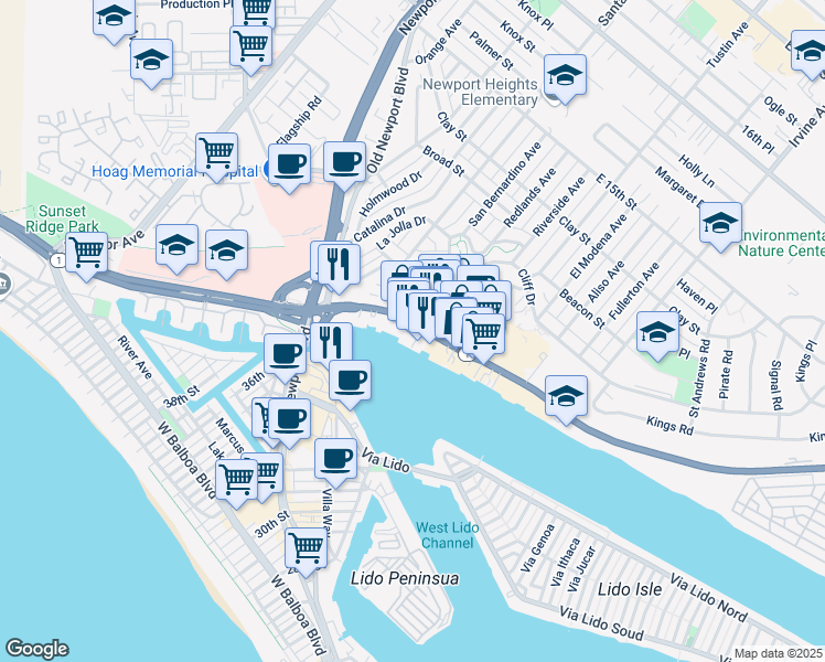 map of restaurants, bars, coffee shops, grocery stores, and more near 2902 West Coast Highway in Newport Beach