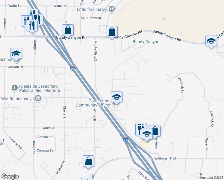 map of restaurants, bars, coffee shops, grocery stores, and more near 34400 Monte Vista Drive in Wildomar