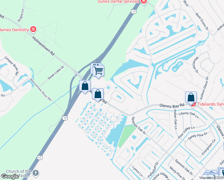 map of restaurants, bars, coffee shops, grocery stores, and more near 130 Birch N Coppice Drive in Myrtle Beach