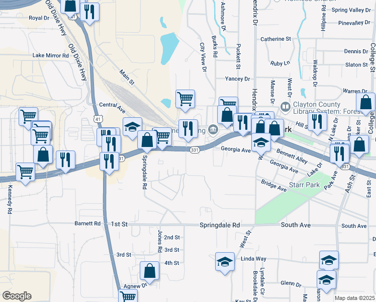 map of restaurants, bars, coffee shops, grocery stores, and more near 102 Governors Drive in Forest Park