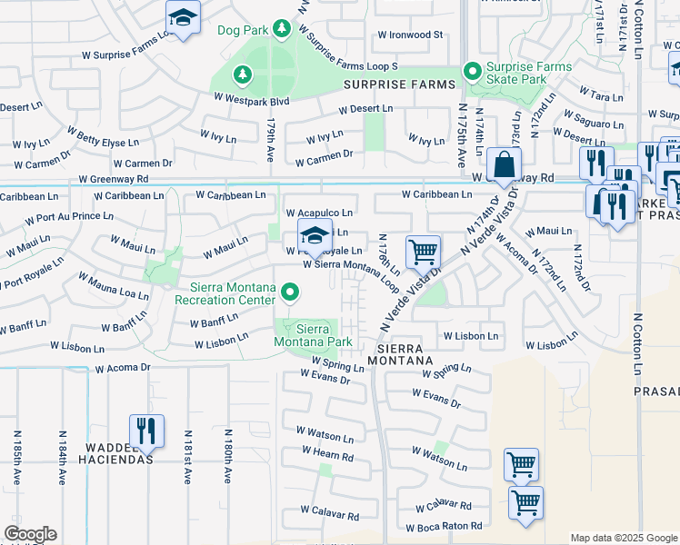 map of restaurants, bars, coffee shops, grocery stores, and more near 17825 West Sierra Montana Loop in Surprise