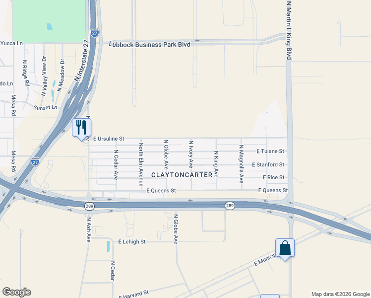 map of restaurants, bars, coffee shops, grocery stores, and more near 718 East Ursuline Street in Lubbock
