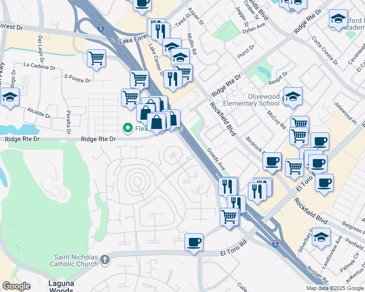 map of restaurants, bars, coffee shops, grocery stores, and more near 2233 Via Puerta in Laguna Woods