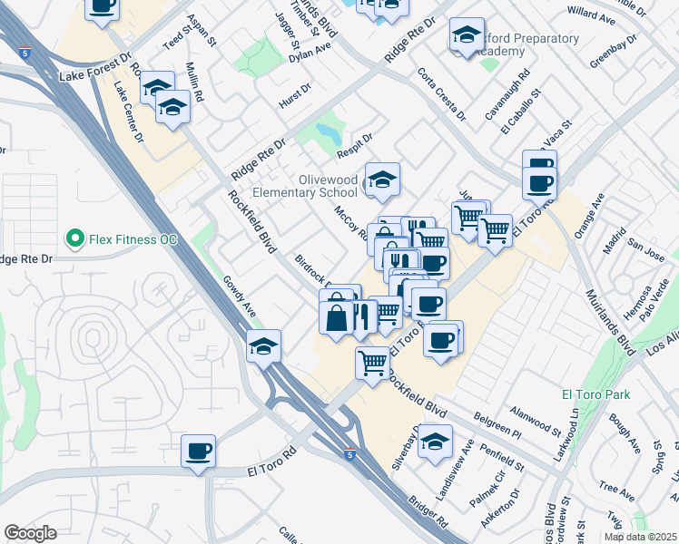 map of restaurants, bars, coffee shops, grocery stores, and more near 23512 Dune Mear Road in Lake Forest