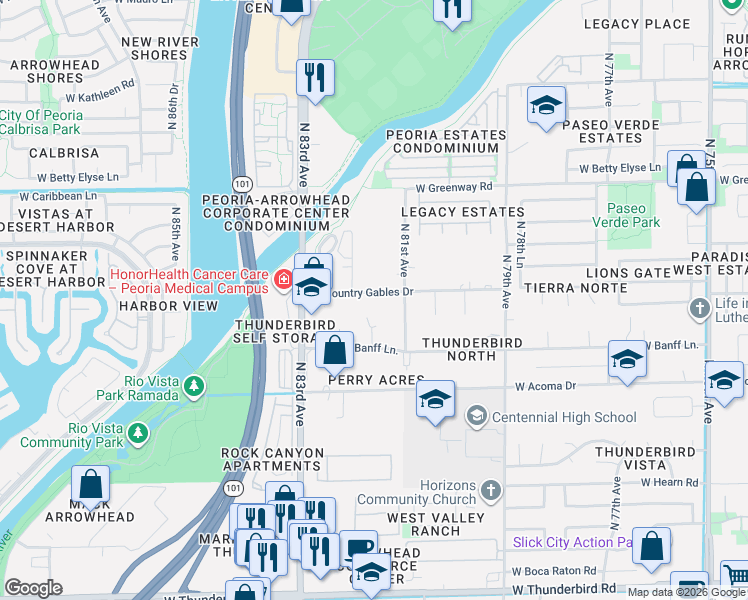 map of restaurants, bars, coffee shops, grocery stores, and more near 8119 West Country Gables Drive in Peoria
