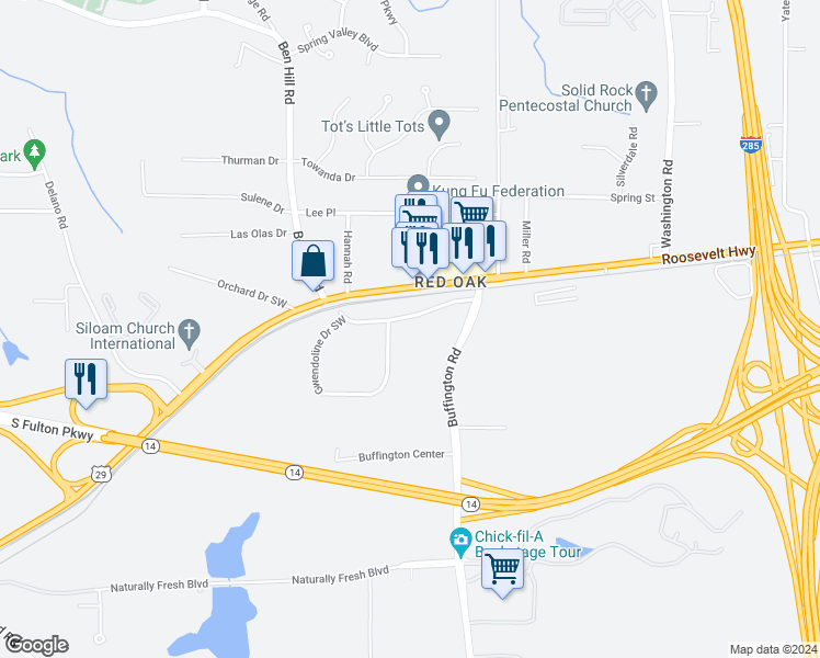 map of restaurants, bars, coffee shops, grocery stores, and more near 3456 Old Fairburn Road in College Park