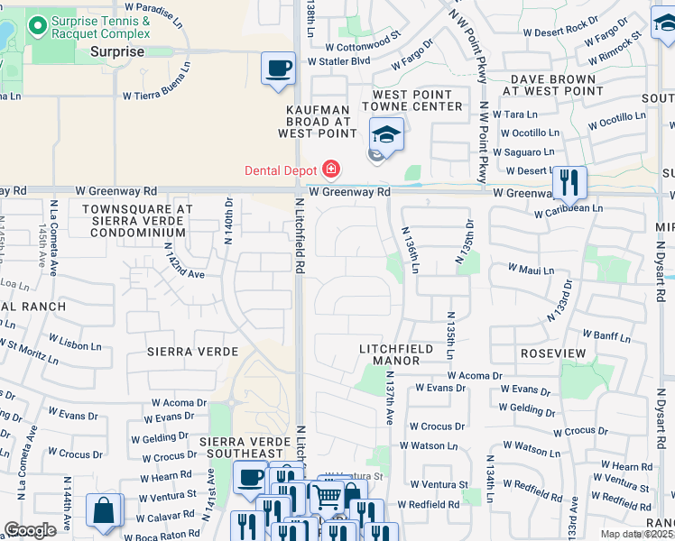 map of restaurants, bars, coffee shops, grocery stores, and more near 13817 West Maui Lane in Surprise
