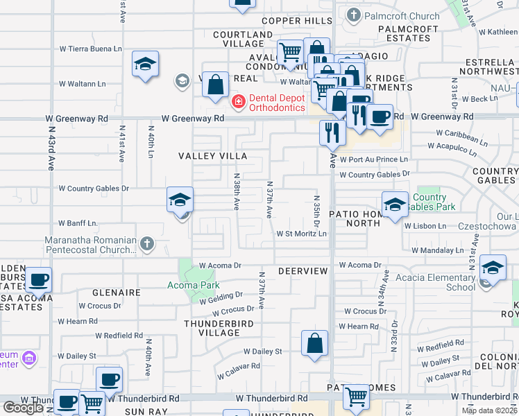 map of restaurants, bars, coffee shops, grocery stores, and more near 3711 West Port Royale Lane in Phoenix
