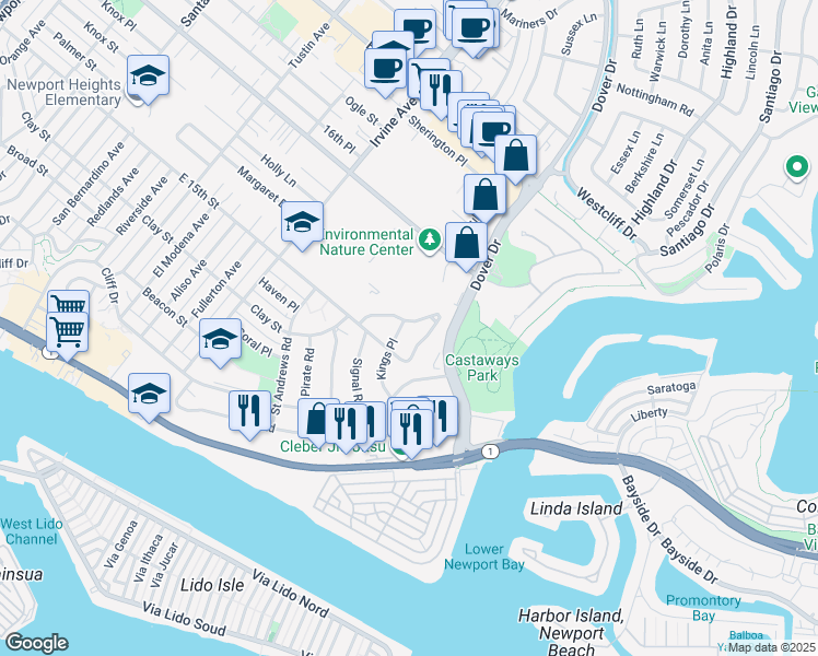 map of restaurants, bars, coffee shops, grocery stores, and more near 700 Saint James Road in Newport Beach