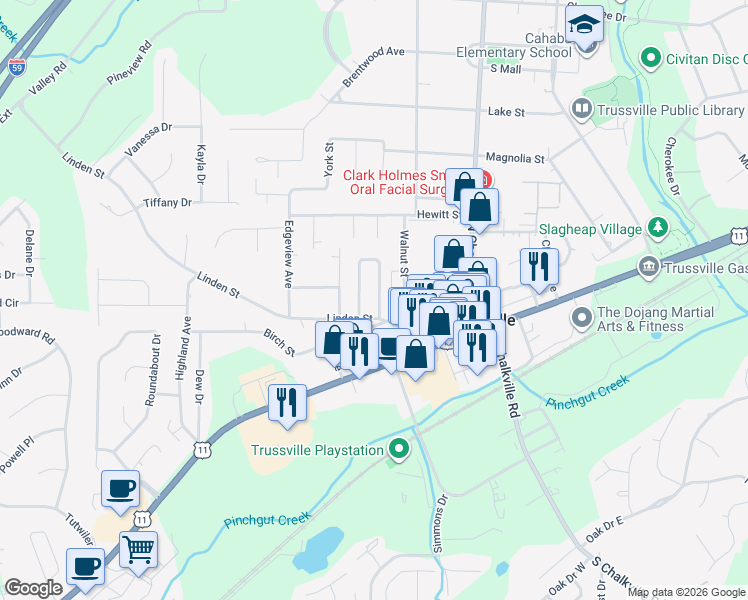 map of restaurants, bars, coffee shops, grocery stores, and more near 183 Charleston Way in Trussville