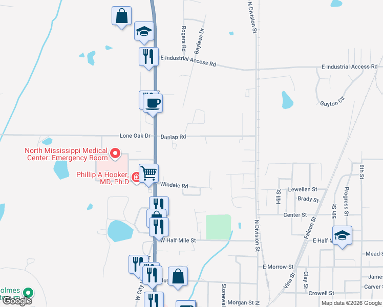 map of restaurants, bars, coffee shops, grocery stores, and more near 512 Dunlap Road in West Point