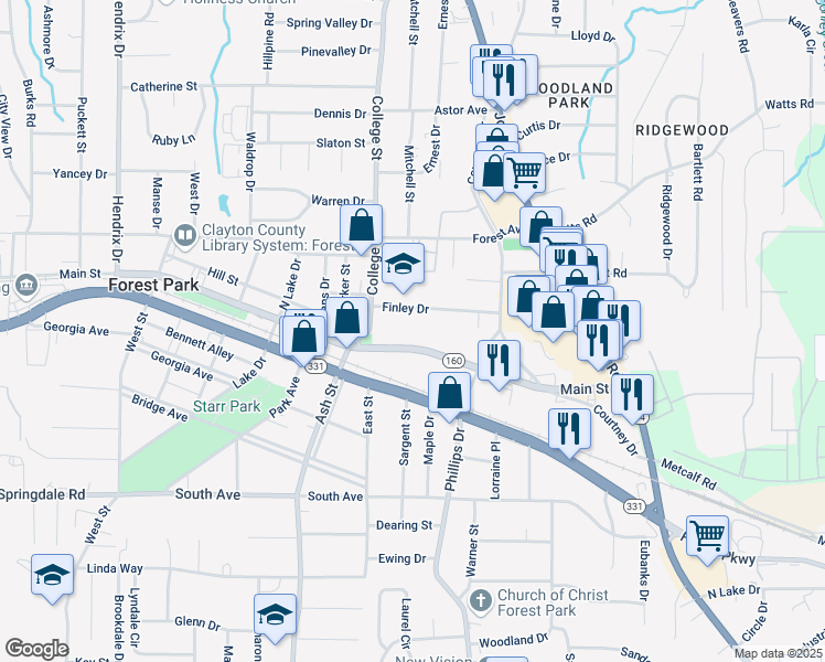 map of restaurants, bars, coffee shops, grocery stores, and more near 965 Finley Drive in Forest Park
