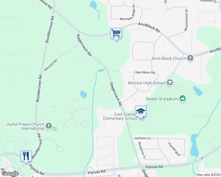 map of restaurants, bars, coffee shops, grocery stores, and more near 3462 Ashford Loop in Ellenwood