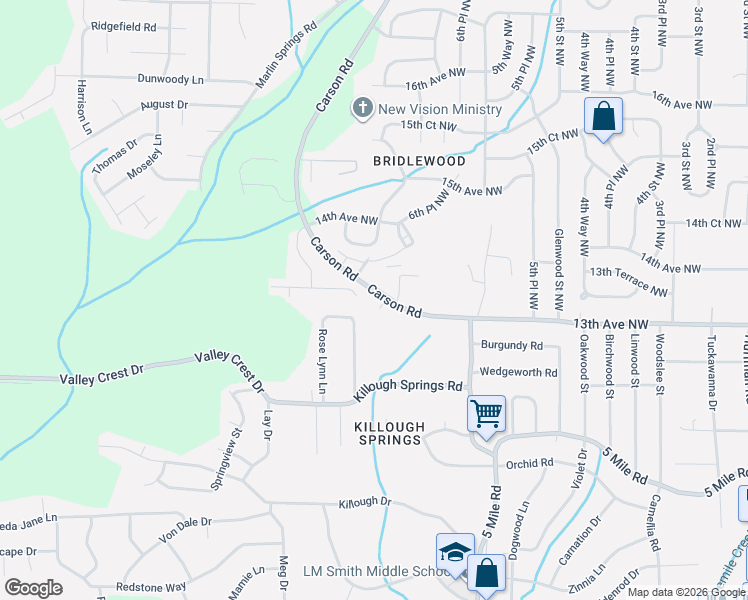 map of restaurants, bars, coffee shops, grocery stores, and more near 1401 Carson Road Northwest in Birmingham