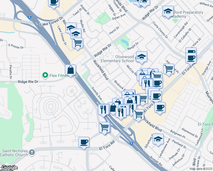 map of restaurants, bars, coffee shops, grocery stores, and more near 23561 Duryea Drive in Lake Forest