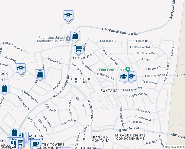 map of restaurants, bars, coffee shops, grocery stores, and more near 16920 Alamosa Avenue in Fountain Hills
