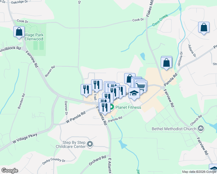 map of restaurants, bars, coffee shops, grocery stores, and more near 275 Rock Island Lane in Ellenwood