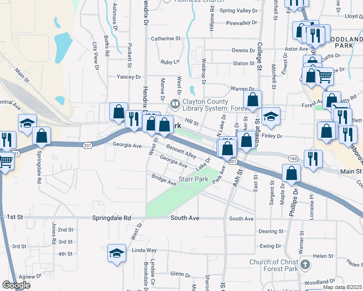 map of restaurants, bars, coffee shops, grocery stores, and more near 685 Forest Parkway in Forest Park