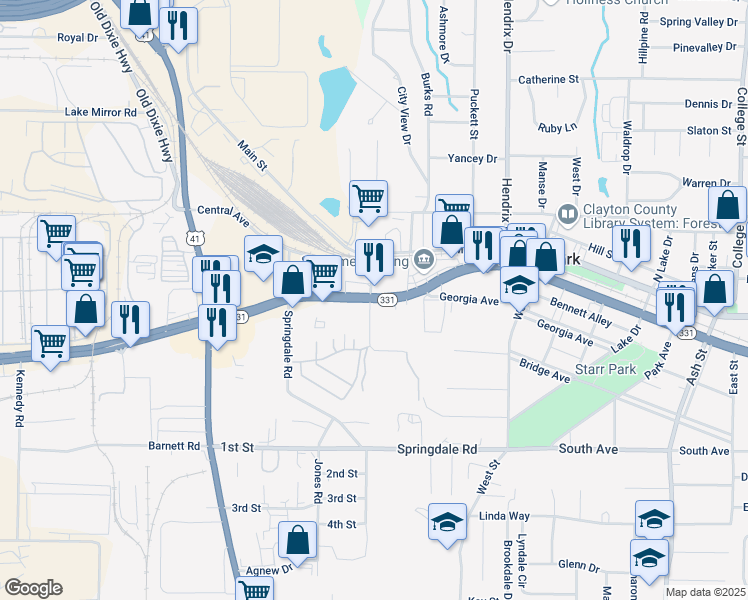 map of restaurants, bars, coffee shops, grocery stores, and more near 130 Governors Drive in Forest Park