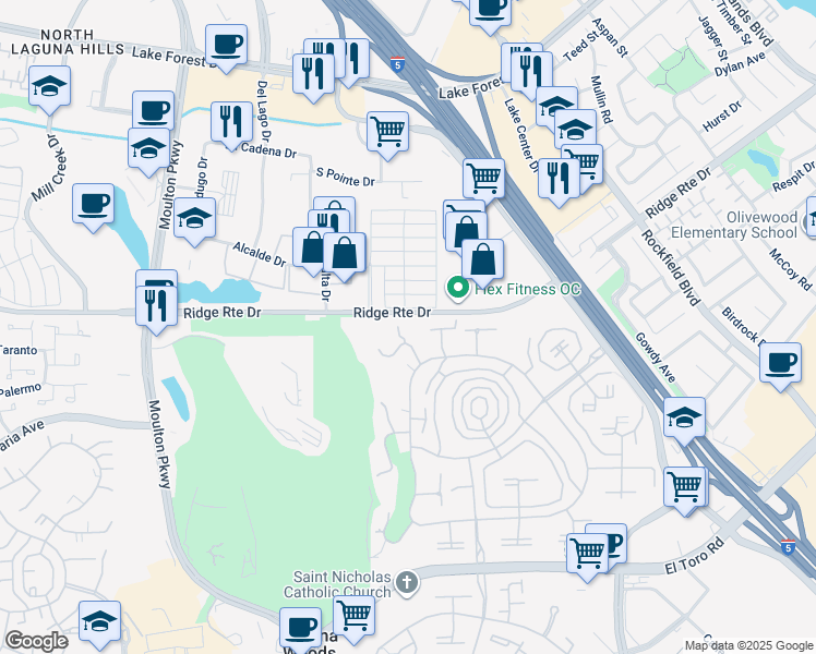 map of restaurants, bars, coffee shops, grocery stores, and more near 2405 Via Mariposa West in Laguna Woods