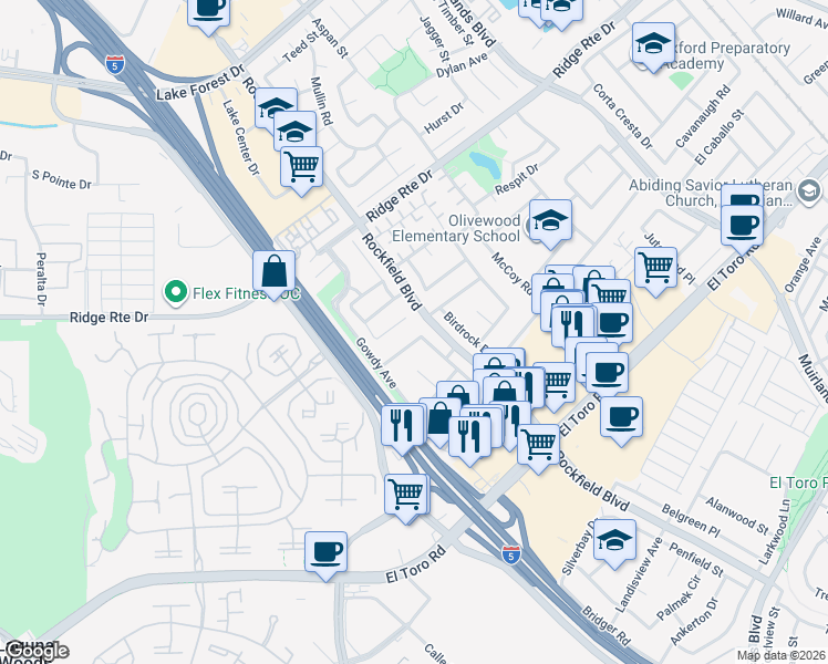 map of restaurants, bars, coffee shops, grocery stores, and more near 23561 Duryea Drive in Lake Forest