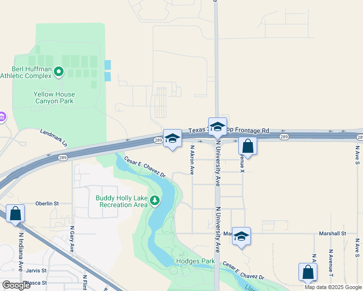 map of restaurants, bars, coffee shops, grocery stores, and more near 2025 North Akron Avenue in Lubbock