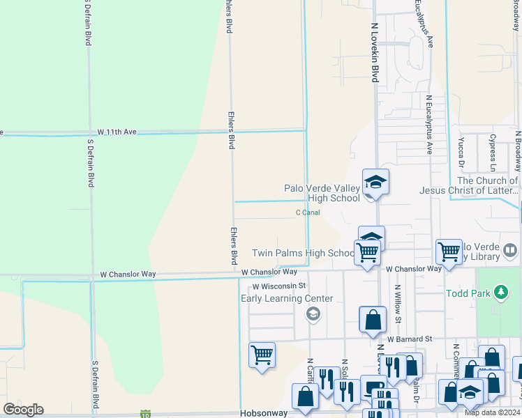 map of restaurants, bars, coffee shops, grocery stores, and more near 11408 Desert Trailways Lane in Blythe