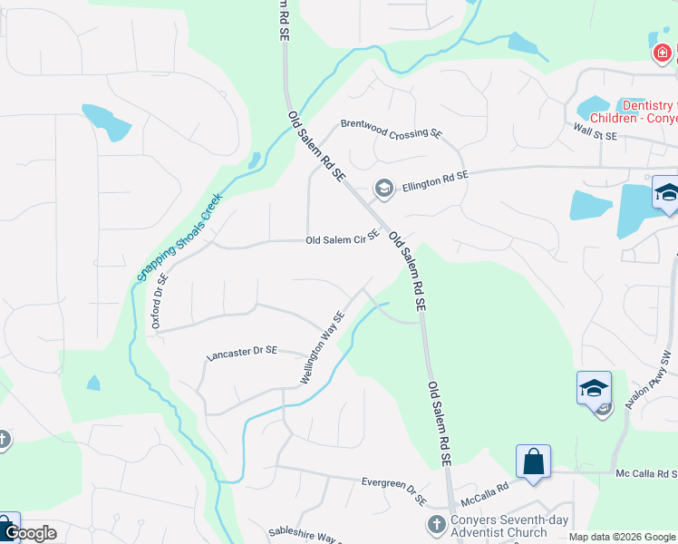 map of restaurants, bars, coffee shops, grocery stores, and more near 2441 Old Salem Circle Southeast in Conyers