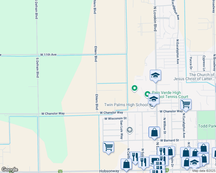 map of restaurants, bars, coffee shops, grocery stores, and more near 11408 Desert Trailways Lane in Blythe