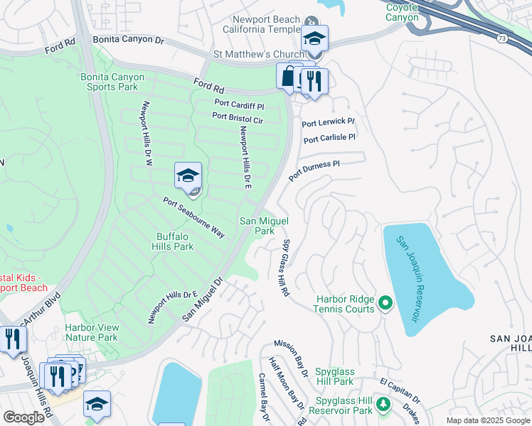 map of restaurants, bars, coffee shops, grocery stores, and more near 2200 San Miguel Drive in Newport Beach
