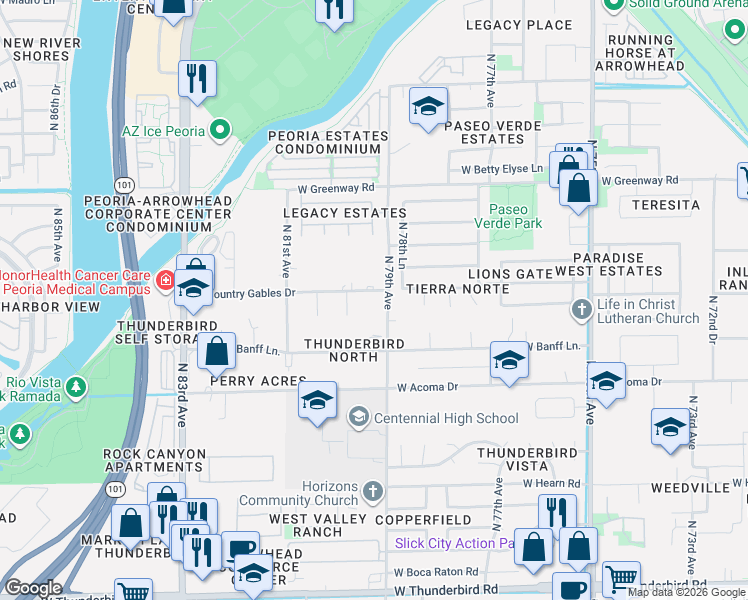 map of restaurants, bars, coffee shops, grocery stores, and more near 7930 West Country Gables Drive in Peoria