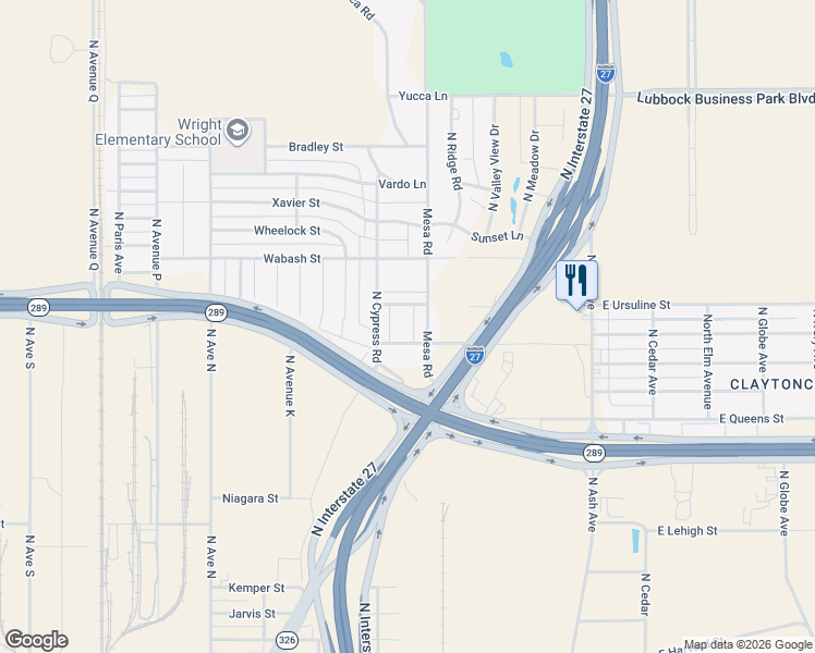 map of restaurants, bars, coffee shops, grocery stores, and more near 2105 Mesa Road in Lubbock