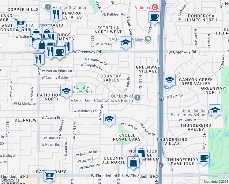 map of restaurants, bars, coffee shops, grocery stores, and more near 3022 West Country Gables Drive in Phoenix