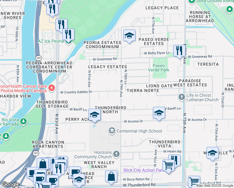 map of restaurants, bars, coffee shops, grocery stores, and more near 7930 West Country Gables Drive in Peoria