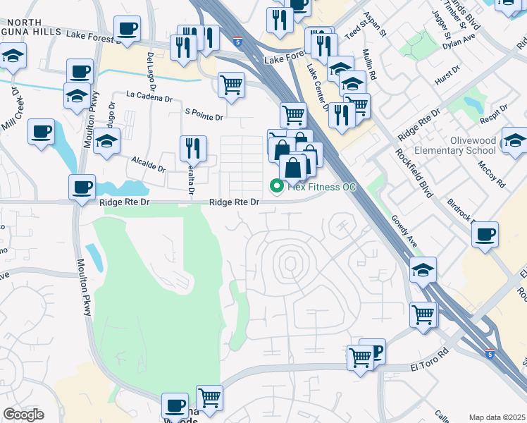 map of restaurants, bars, coffee shops, grocery stores, and more near 237 Surfside in Laguna Hills