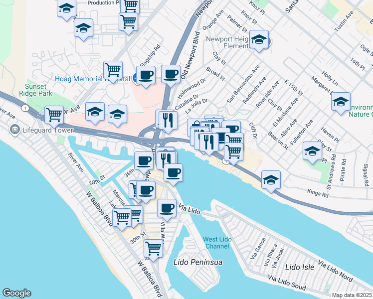 map of restaurants, bars, coffee shops, grocery stores, and more near 3333 West Coast Highway in Newport Beach