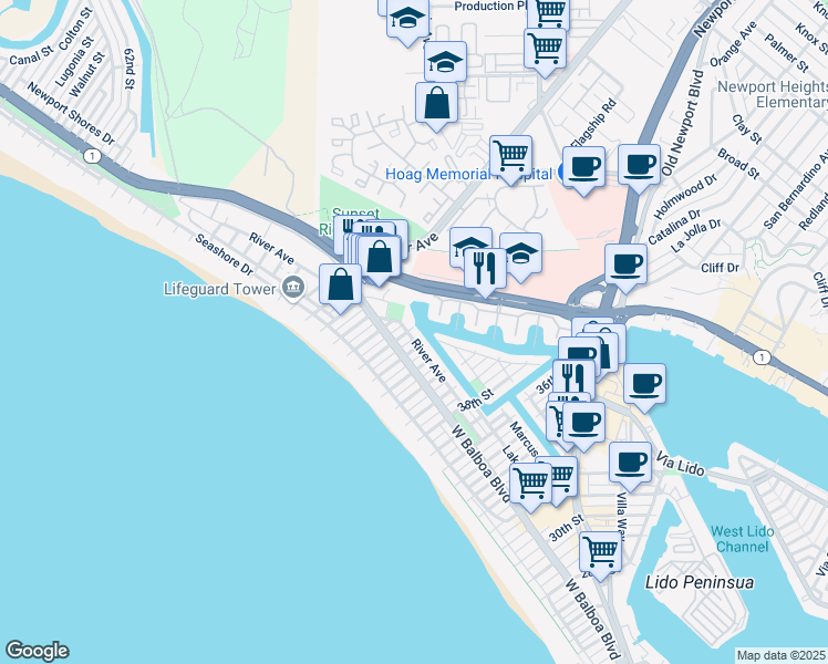 map of restaurants, bars, coffee shops, grocery stores, and more near 7 Balboa Coves in Newport Beach