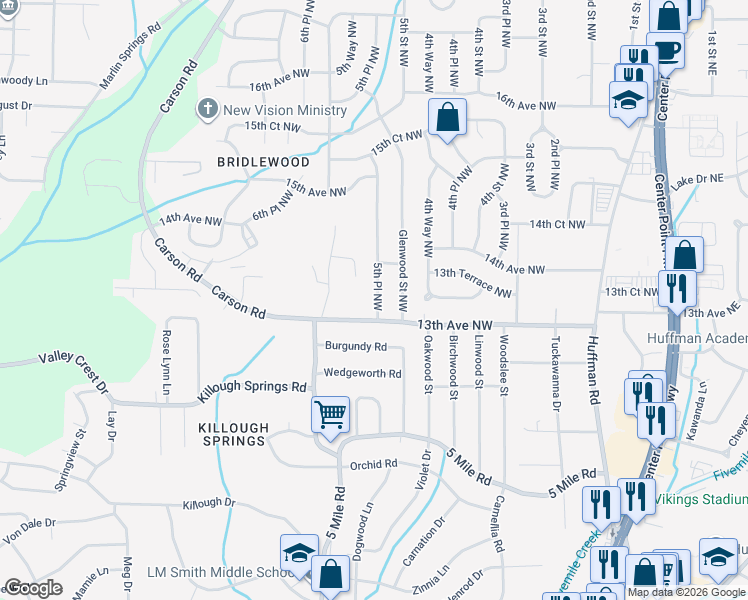 map of restaurants, bars, coffee shops, grocery stores, and more near 533 Erin Lane in Birmingham