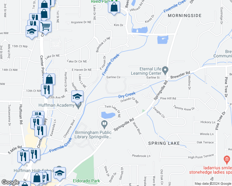 map of restaurants, bars, coffee shops, grocery stores, and more near 637 Earline Circle in Birmingham