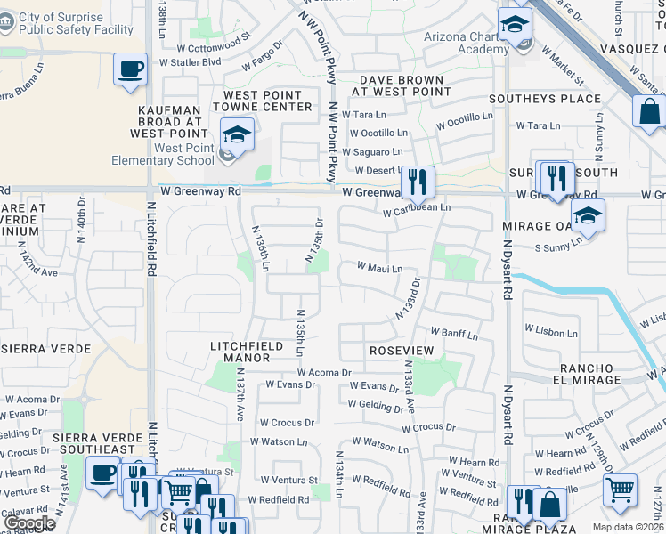 map of restaurants, bars, coffee shops, grocery stores, and more near 13462 West Maui Lane in Surprise