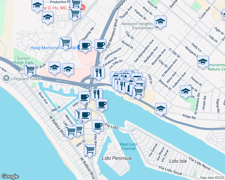 map of restaurants, bars, coffee shops, grocery stores, and more near 2902 West Coast Highway in Newport Beach