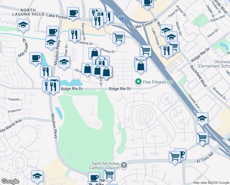 map of restaurants, bars, coffee shops, grocery stores, and more near 2388 Via Mariposa West in Laguna Woods